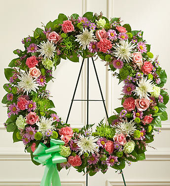 SERENITY AIRY WHITE WREATH STAND WREATH FOR A SERVICE/MEMORIAL in La  Mirada, CA - Funeral Flowers For Less